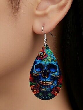 Sugar Skull Earrings Blue Day Of The Dead Faux Leather Dangle Gothic Pop Art